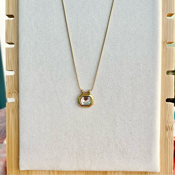 18K Gold Plated Stainless Steel Square White AAA CZ Crystal Pendant Necklace - Picture 7 of 15